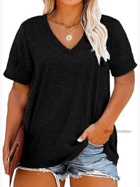 Plus Size V-Neck Short Sleeve T-Shirt Loose Fit Cotton Blend Tee